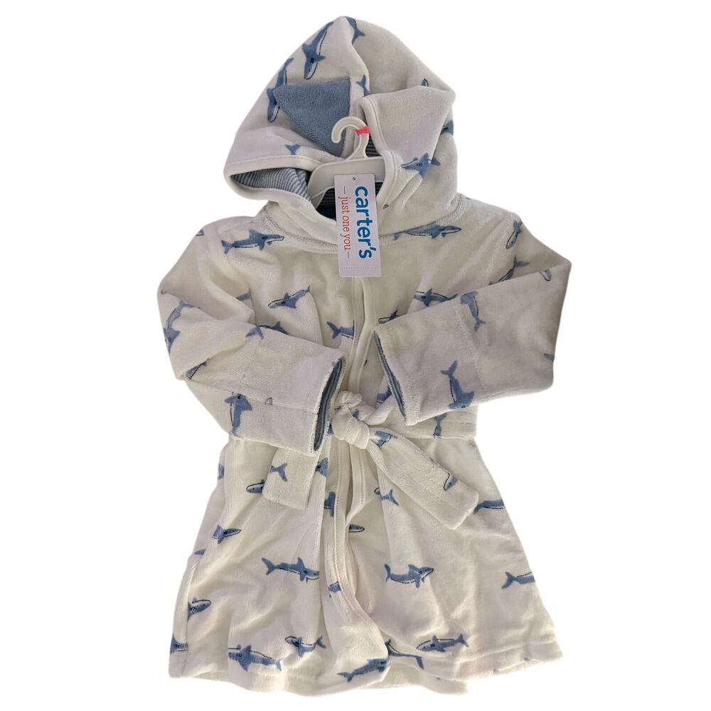 Baby Boys White Blue Shark Print Bath Robe NEW